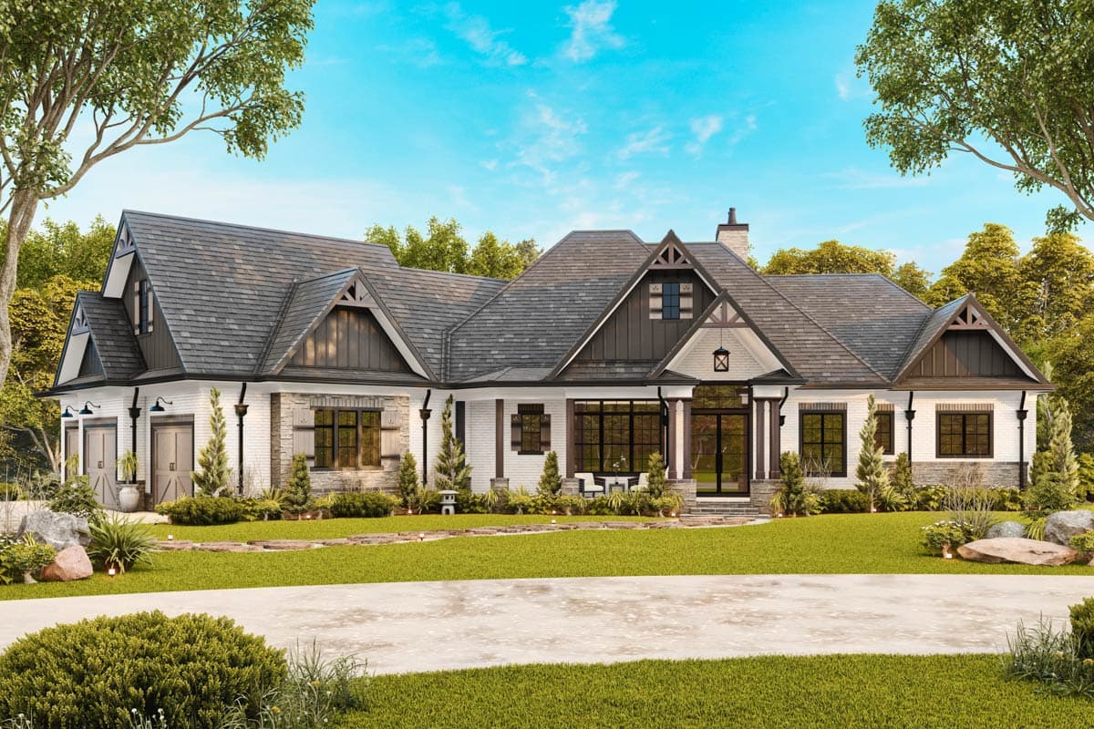 House plan exterior featuring a two-story Craftsman home with multiple gables, a covered porch, and a side-entry garage.