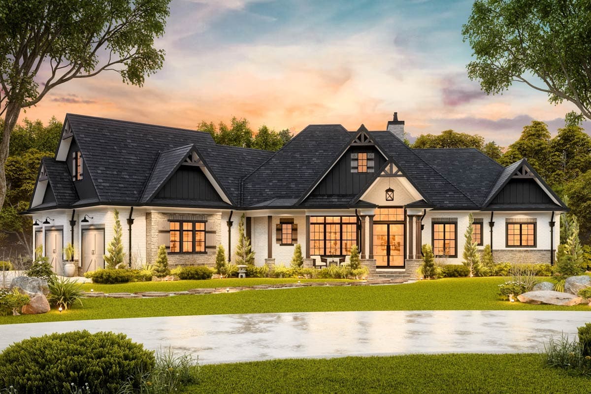 Modern Farmhouse house plan exterior with a wide front entrance, multiple gables, and a three-car garage.