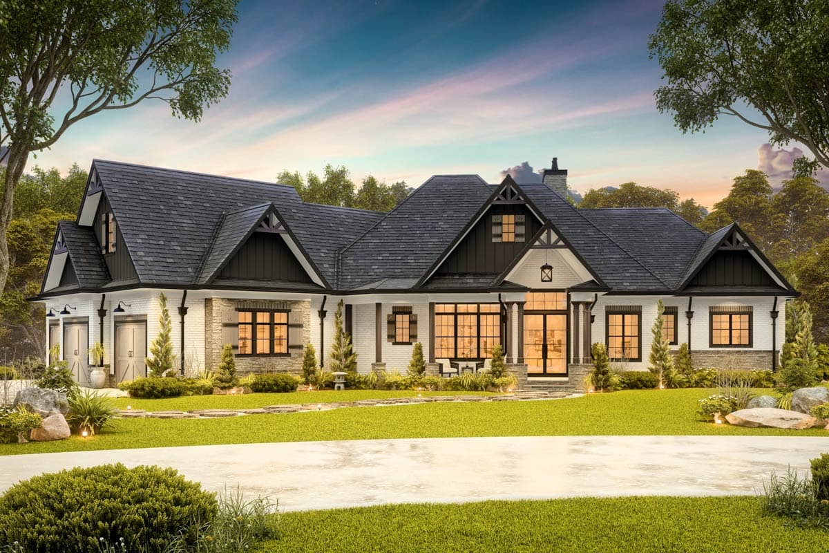 Modern Farmhouse style house plan exterior with a large central gable, multiple dormers, a front-facing garage, and stone accents.