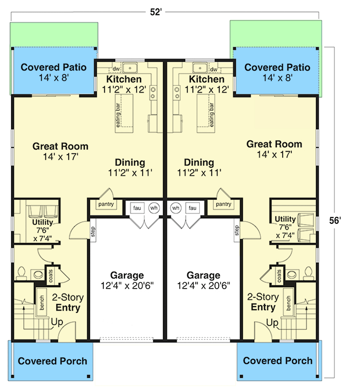 Plan 72446DA: Two-Story Traditional Duplex House Plan with 3-Beds and 1936 Sq Ft Per Unit - Floor Plan - Main Level - Contemporary, Prairie, Traditional