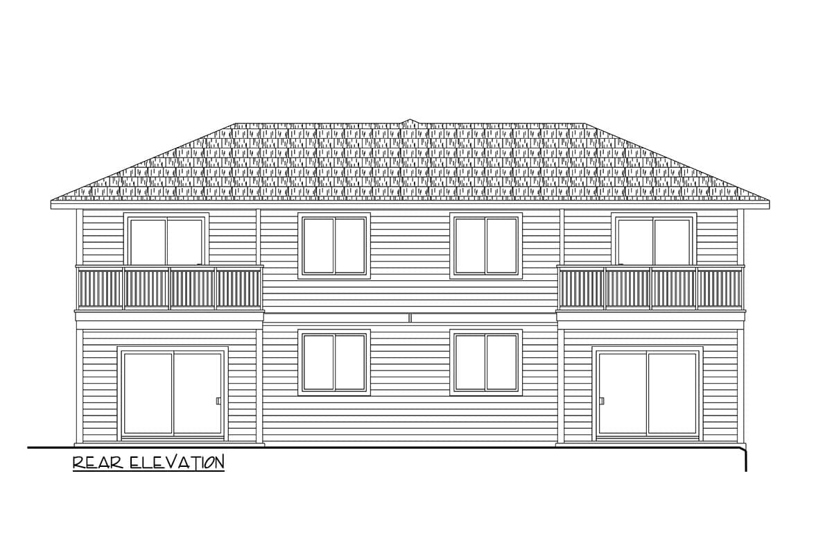 Rear elevation drawing of a two-story house plan featuring a pitched roof, upper-level balconies, and sliding doors.