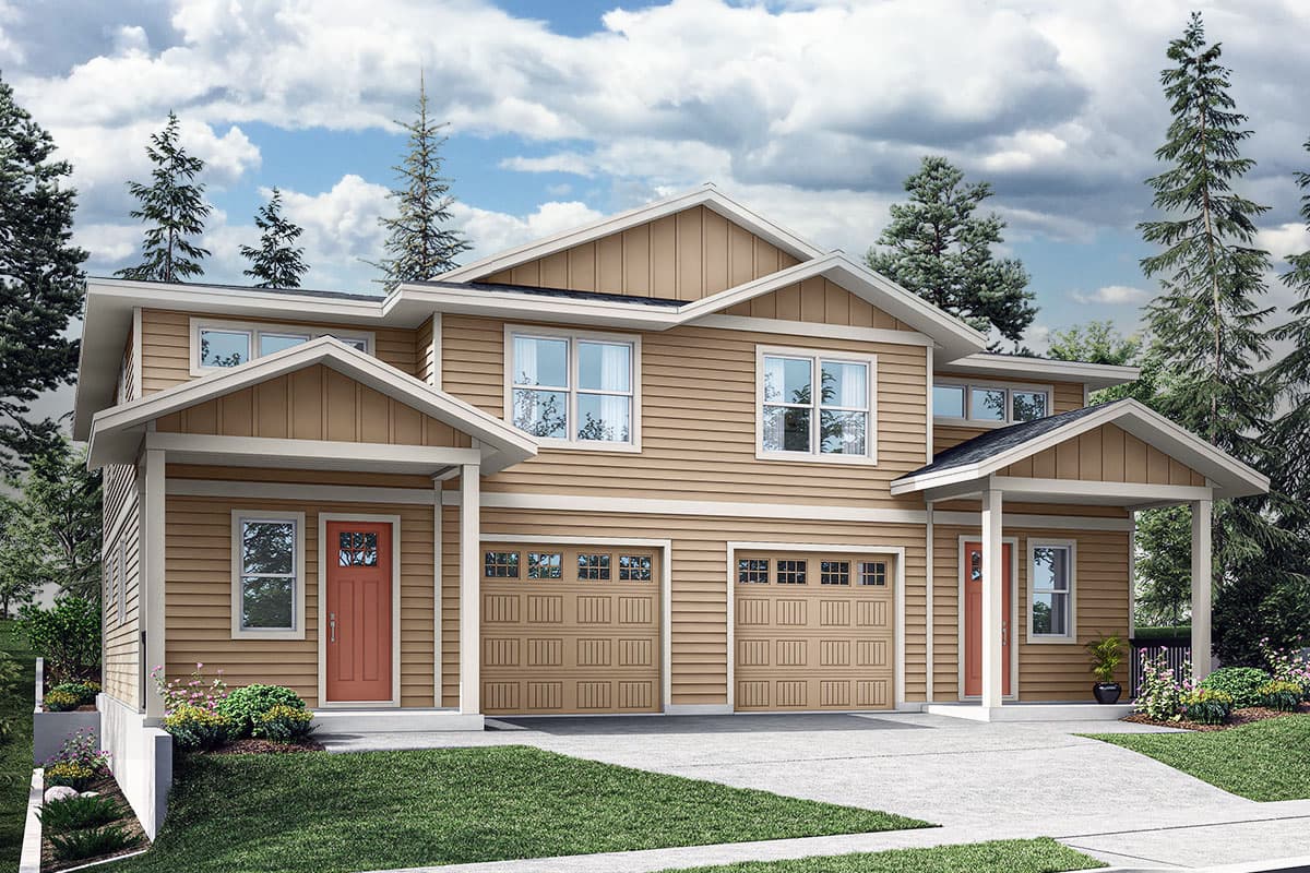 House plan exterior with two stories, gabled rooflines, and covered front porches. Features two-car garage.