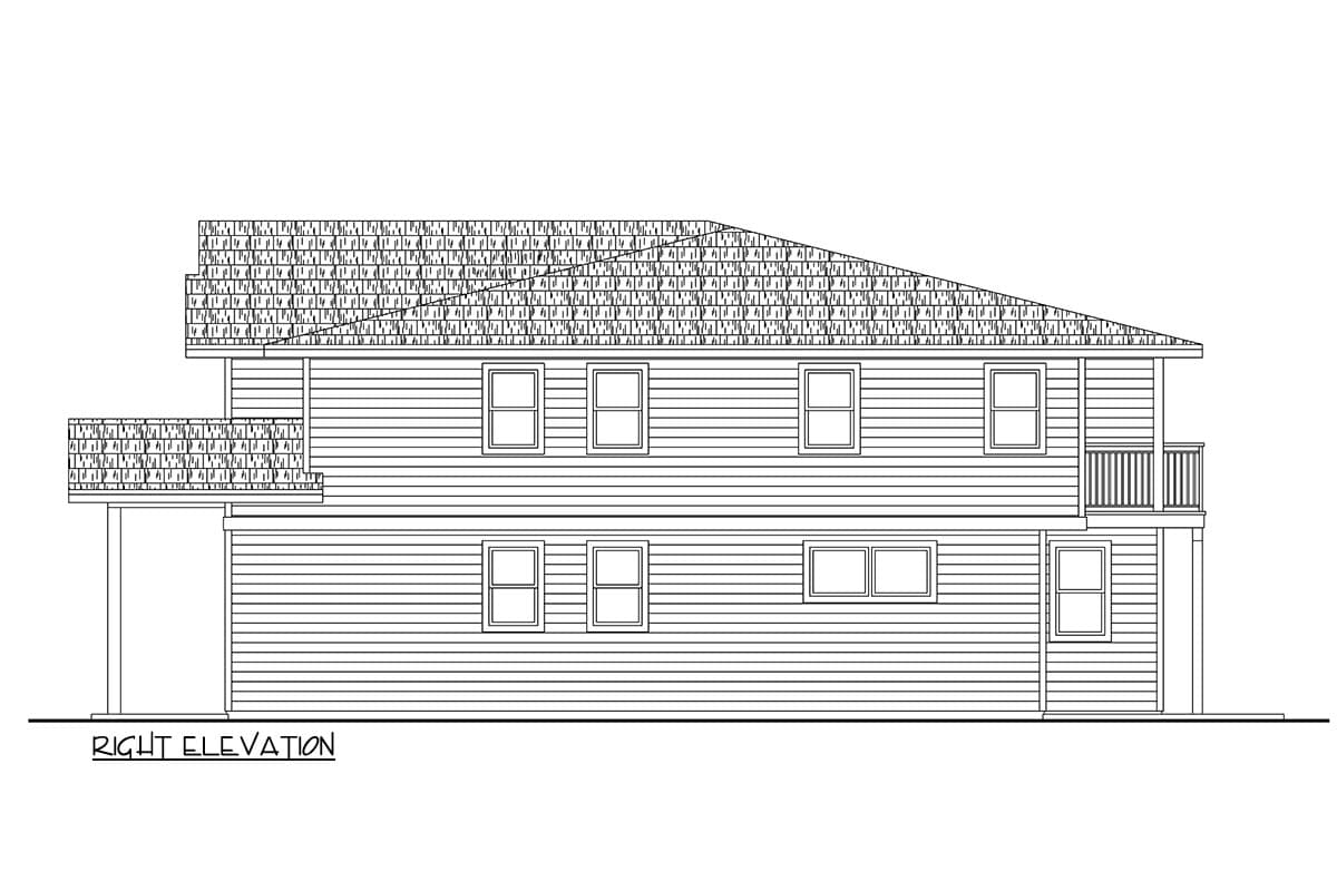 Right elevation house plan drawing shows a two-story building with horizontal siding, multiple windows, and a deck.