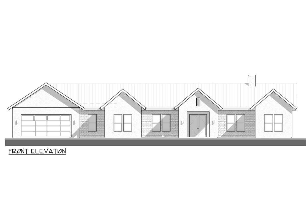 Front elevation house plan shows a single-story home with a side-entry garage, multiple gables, and brick accents.