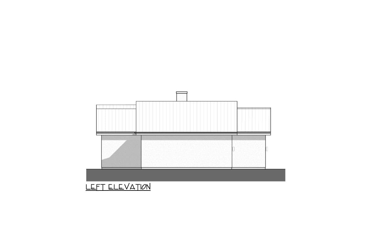 Left elevation drawing of a house plan featuring a central gabled roof, symmetrical wings, and a prominent chimney.