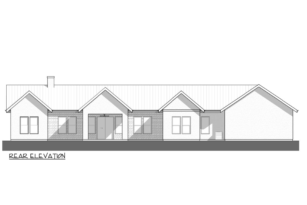 Rear elevation drawing of a single-story house with gabled roofs, brick accents, and double doors.