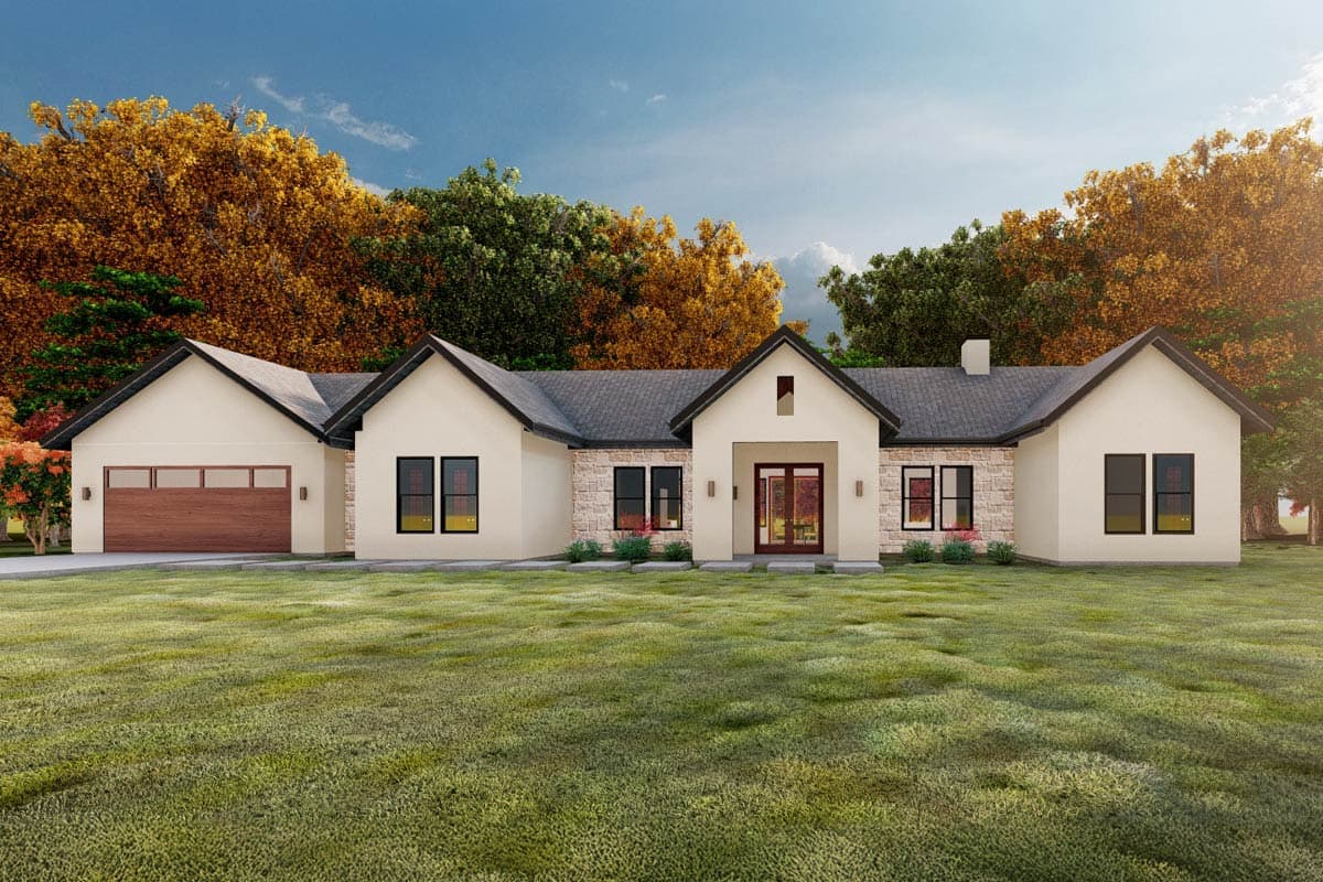 House plan exterior. Single-story ranch-style home with a gabled roofline, stone accents, and a front-facing garage with a wood-tone door.