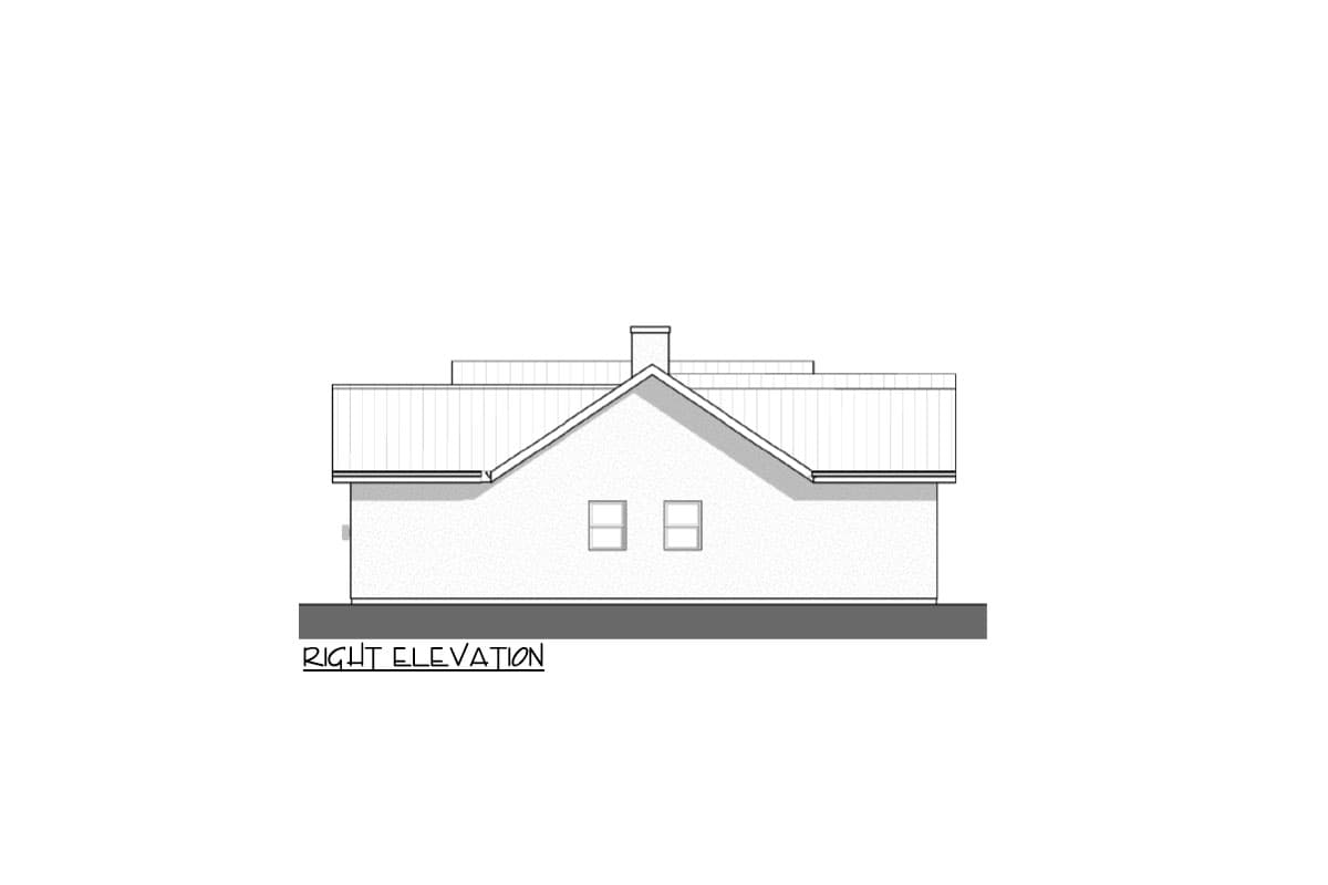 Right elevation house plan showing a gabled roof, chimney, and two small windows.