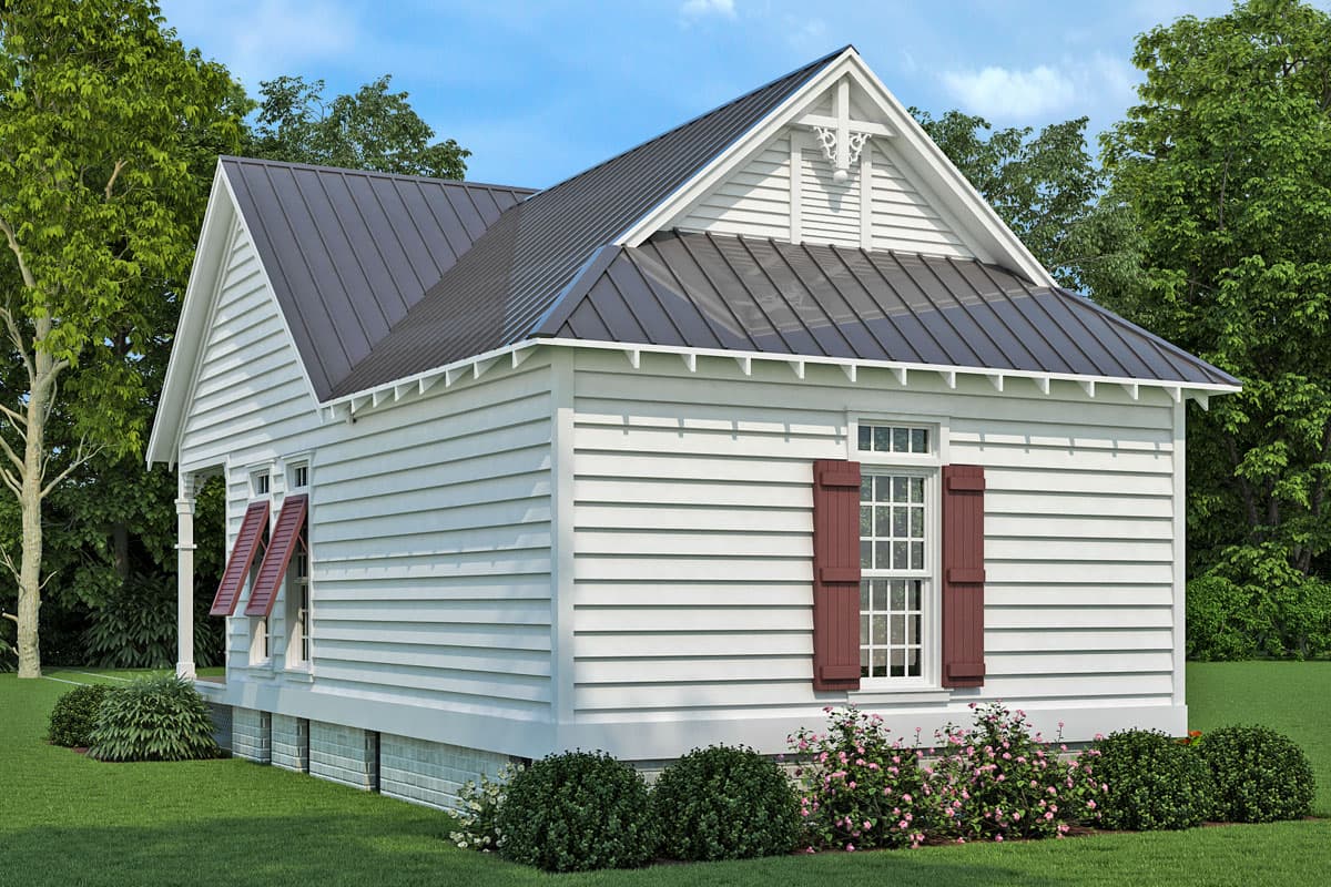 House plan exterior: One-story Modern Farmhouse with metal roof, porch, decorative gable, and board-and-batten siding.
