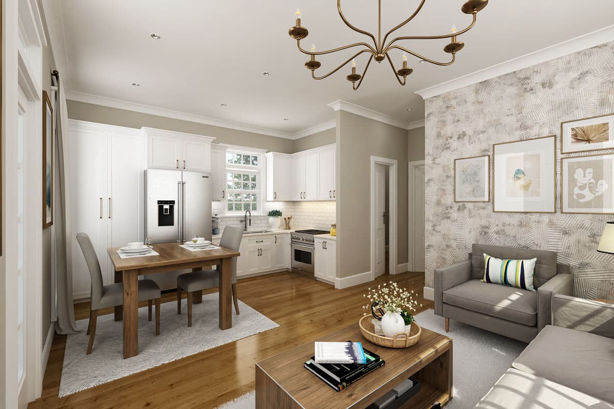 Open concept living area with kitchen, dining area, and living room featuring white cabinets, stainless steel appliances, and patterned accent wall.