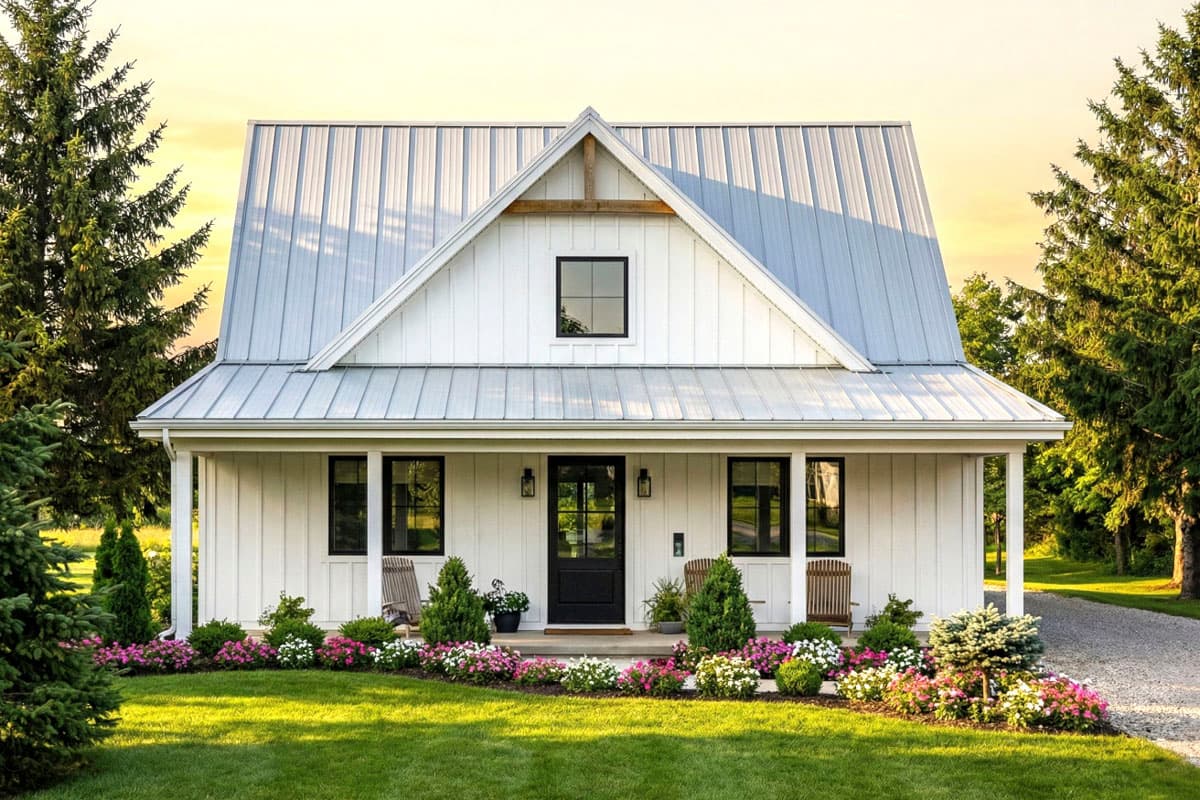 House plan exterior. Modern farmhouse with a metal roof, front porch, and gable. Features include a small second-story window and dark trim.
