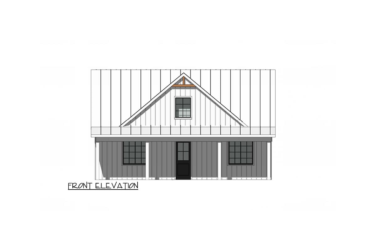 Front elevation drawing of a house with a metal roof, gabled dormer with window, and a covered porch.