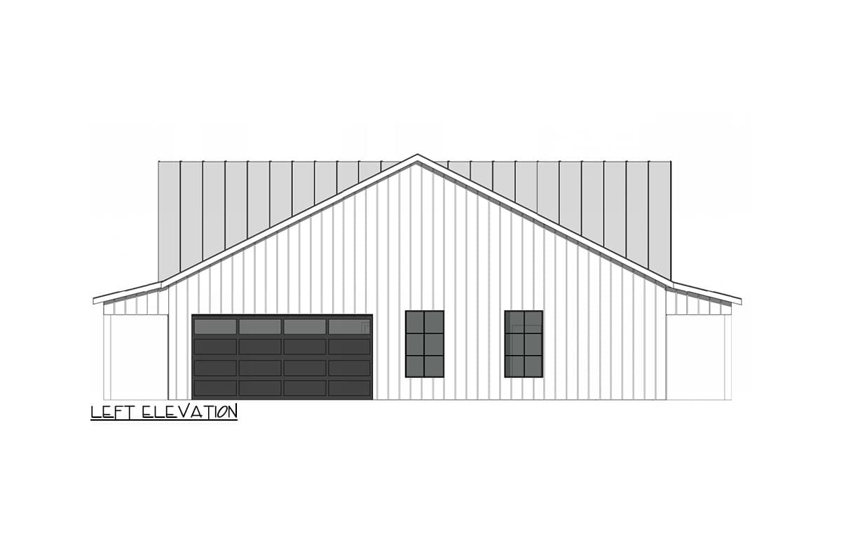 Left elevation house plan with a metal gable roof, vertical siding, a multi-panel garage door, and three windows.
