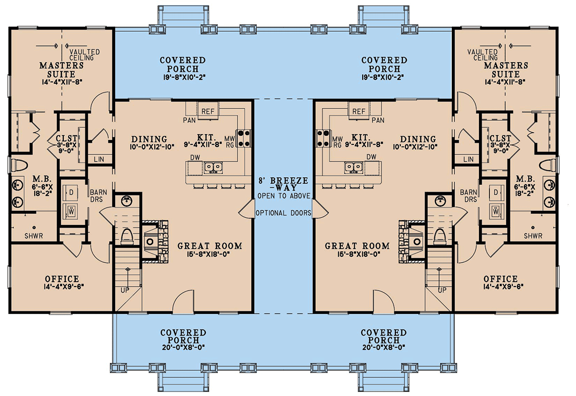 Plan 70902MK: Two-Story Rustic Duplex House Plan with Wrap-Around Porch - 1810 Sq Ft Per Unit - Floor Plan - Main Level - Country, Mountain, Rustic