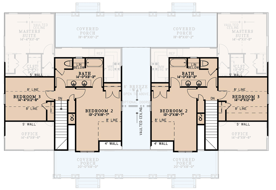 Plan 70902MK: Two-Story Rustic Duplex House Plan with Wrap-Around Porch - 1810 Sq Ft Per Unit - Floor Plan - 2nd Floor - Country, Mountain, Rustic