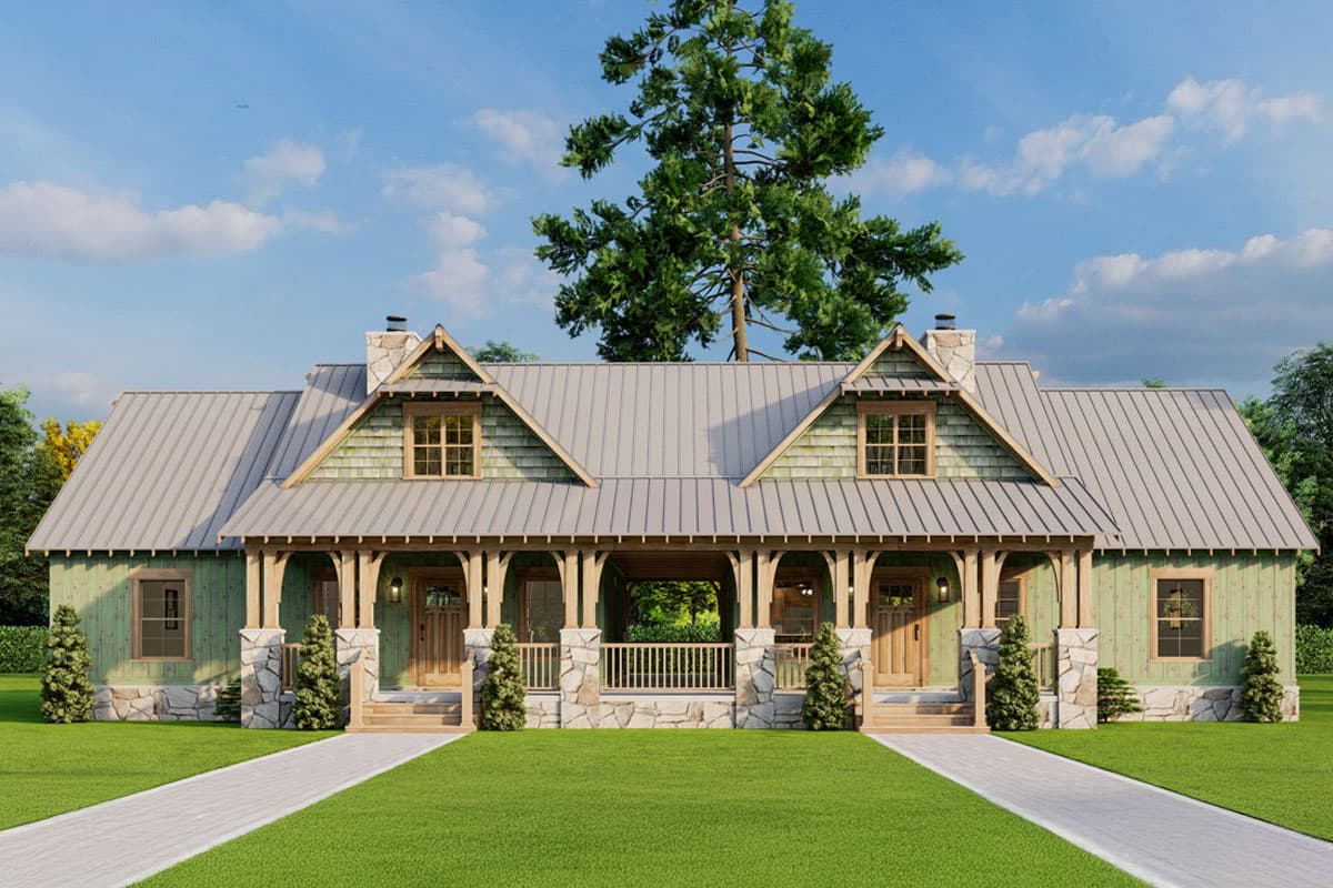 Craftsman house plan exterior with metal roof, stone bases, and two front gables with dormer windows.
