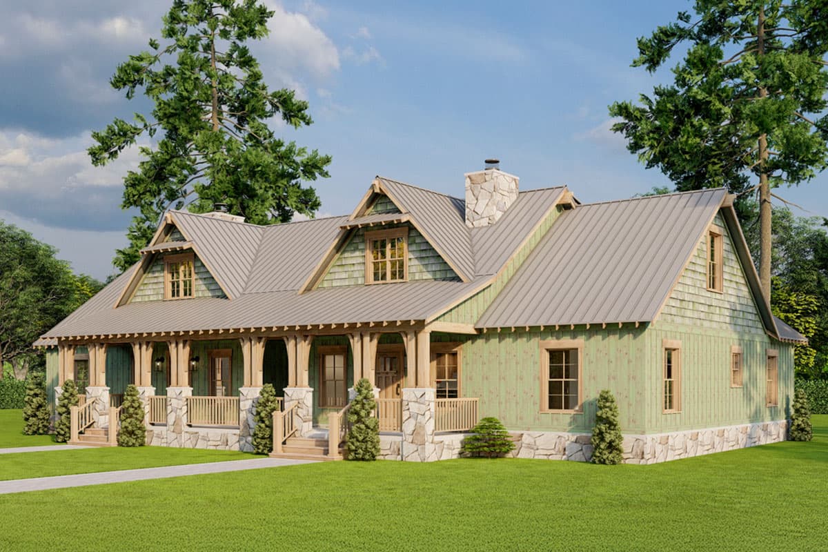 House plan exterior: Single-story Modern Farmhouse with wraparound porch, stone foundation, and multiple gables.