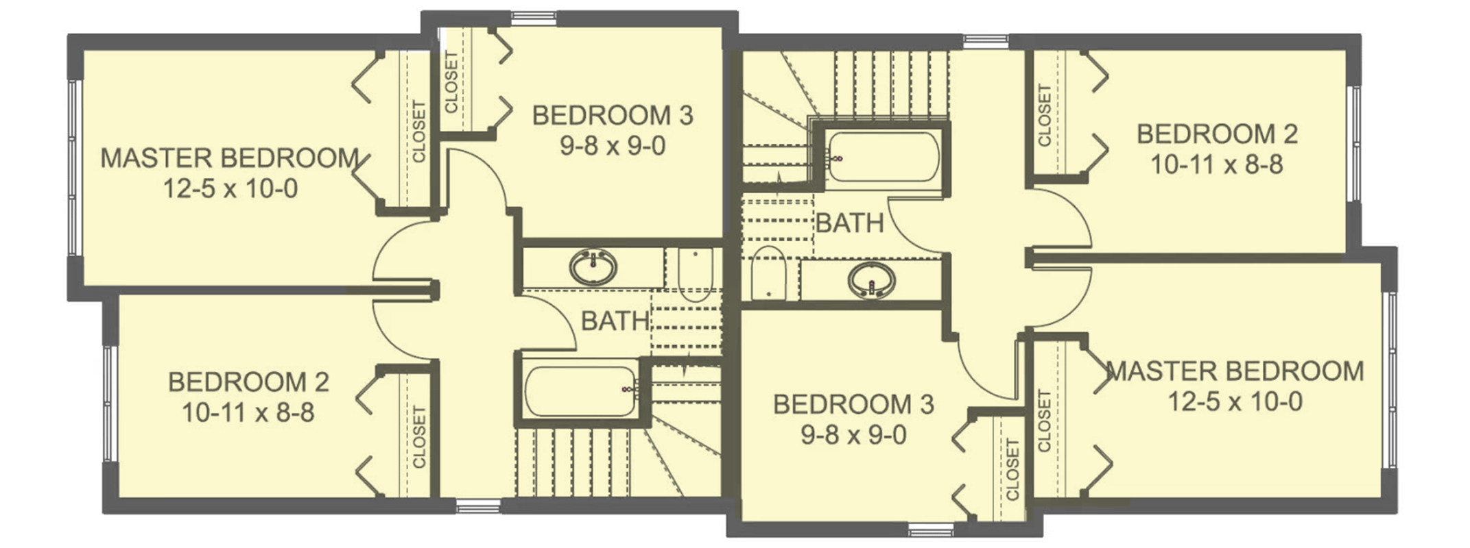 Plan 67834MG: Two-Story Contemporary Duplex House Plan Perfect for Narrow Lot - 1106 Sq Ft Per Unit - Floor Plan - 2nd Floor - Contemporary, Traditional