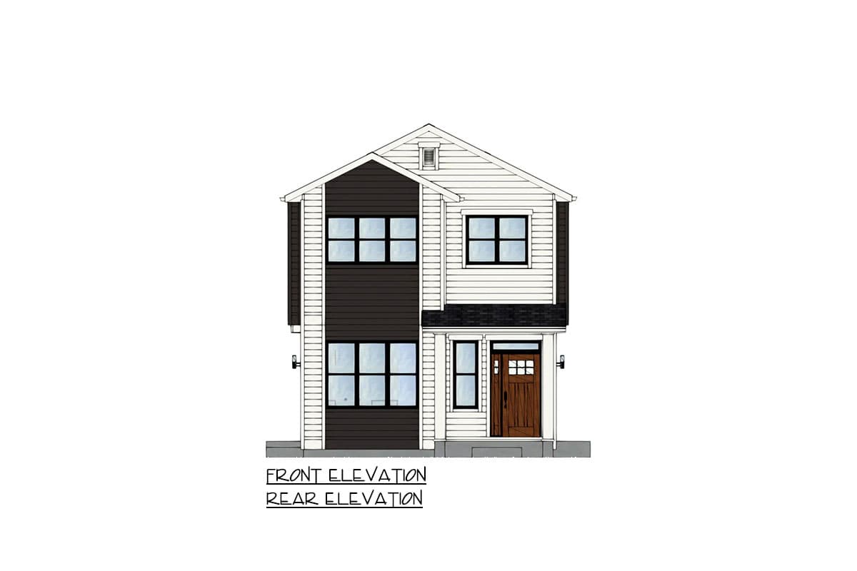 Front elevation drawing of a two-story house with mixed siding, front door, and multiple windows.