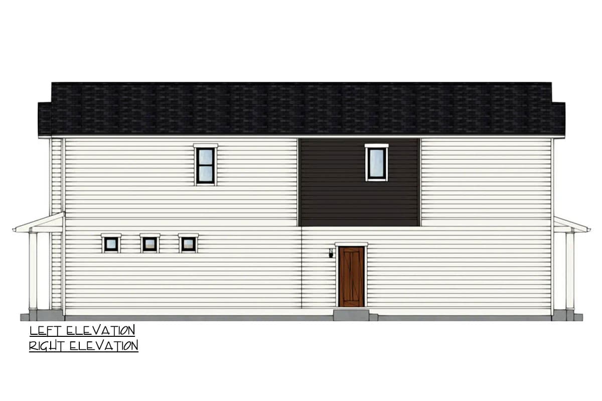 Left elevation drawing of a two-story house with white horizontal siding, a dark gabled roof, and multiple windows.