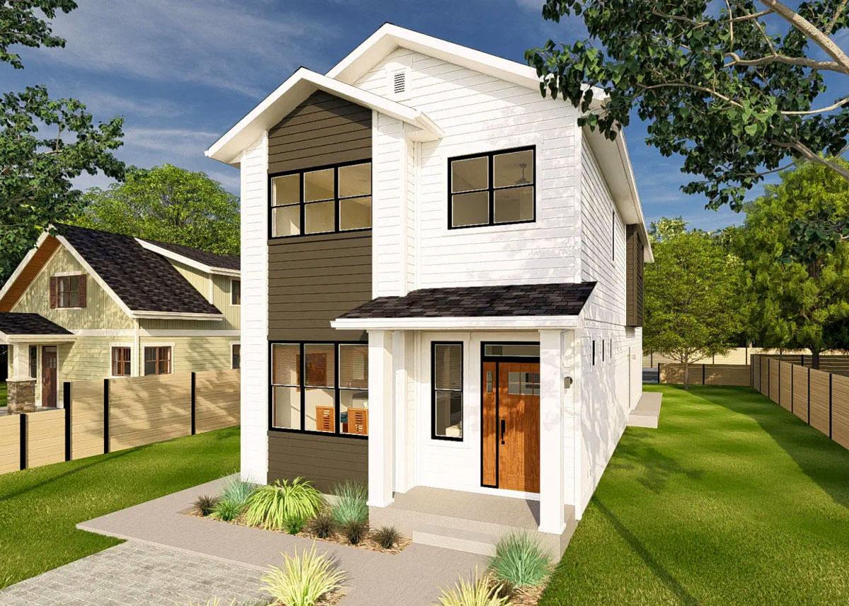 Two-story house plan exterior with modern style, white siding, dark wood accent, covered entry, and multiple windows.