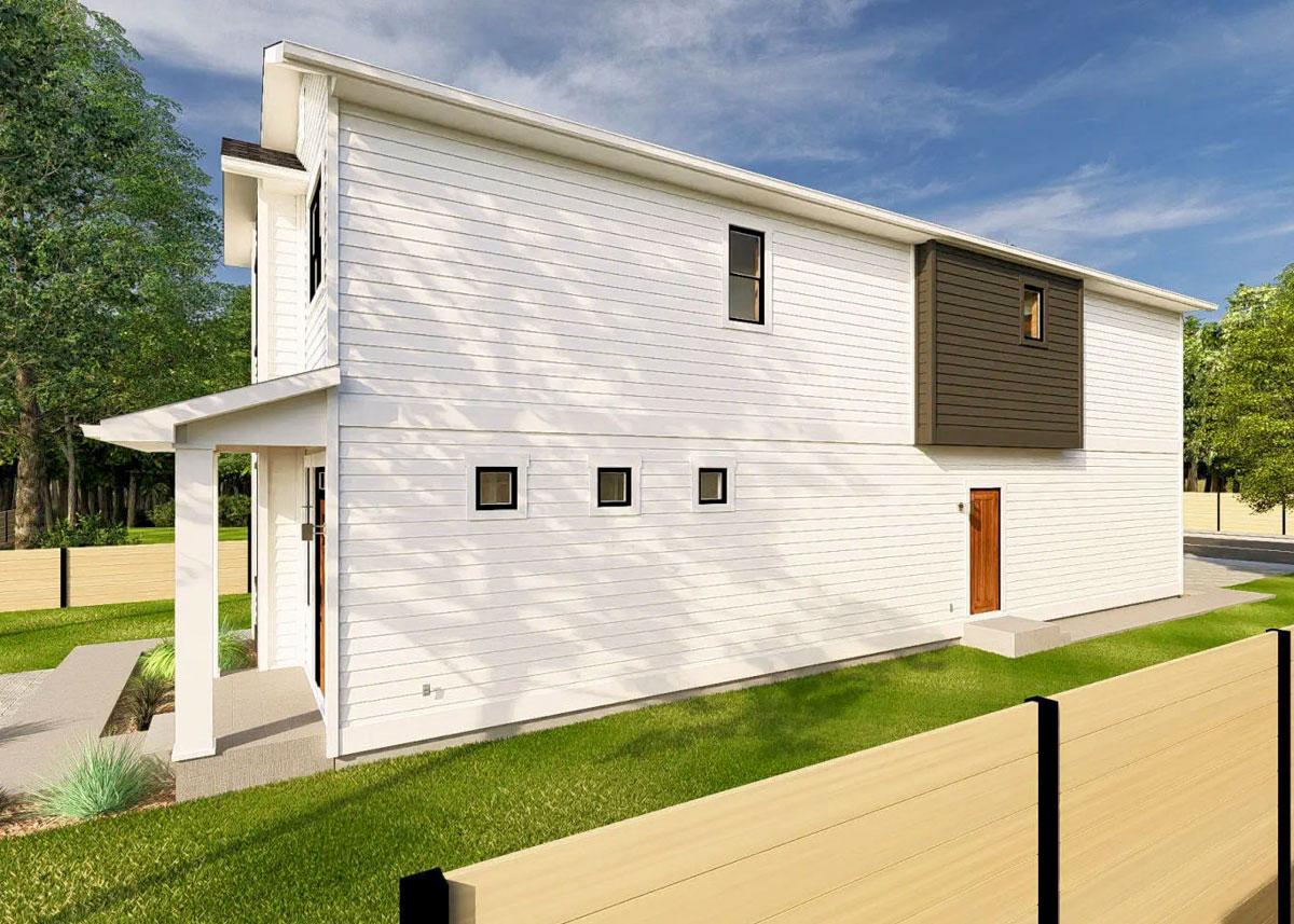 Modern two-story house plan exterior with white horizontal siding, cantilevered dark-clad section, and covered front entry.