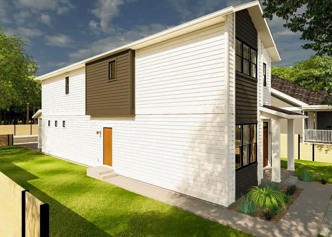 House plan exterior of two-story modern home with horizontal siding, contrasting dark vertical siding, and gabled rooflines.