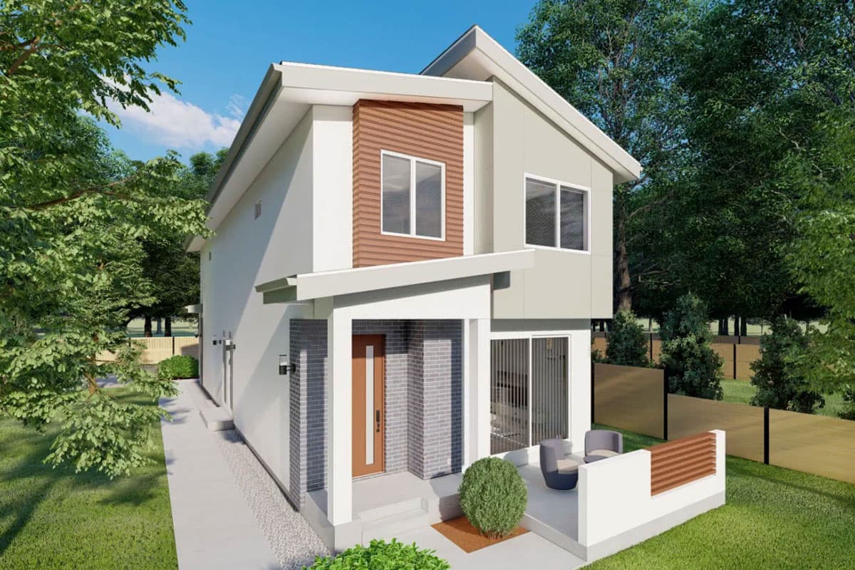 House plan exterior: two-story modern home with a covered entry, prominent gables, and horizontal wood siding accent.
