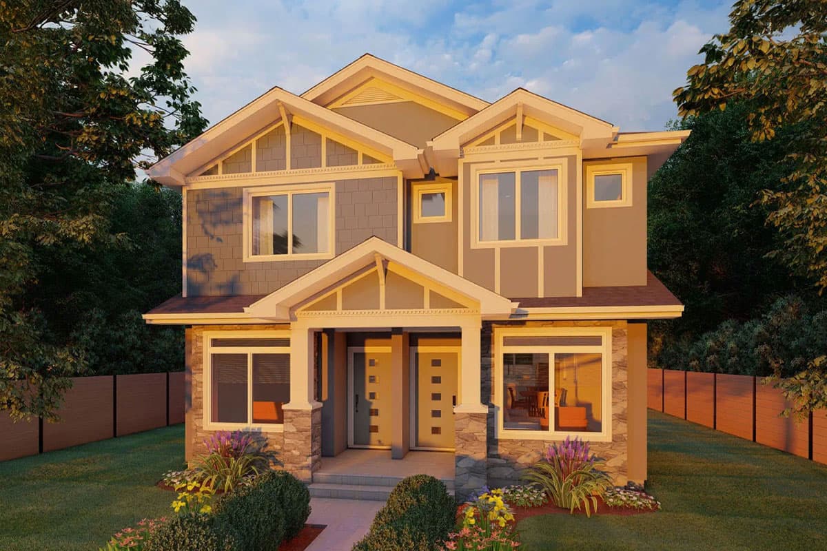 Two-story Modern Farmhouse house plan exterior with multiple gables, stone accents, covered porch, and dual entry doors.