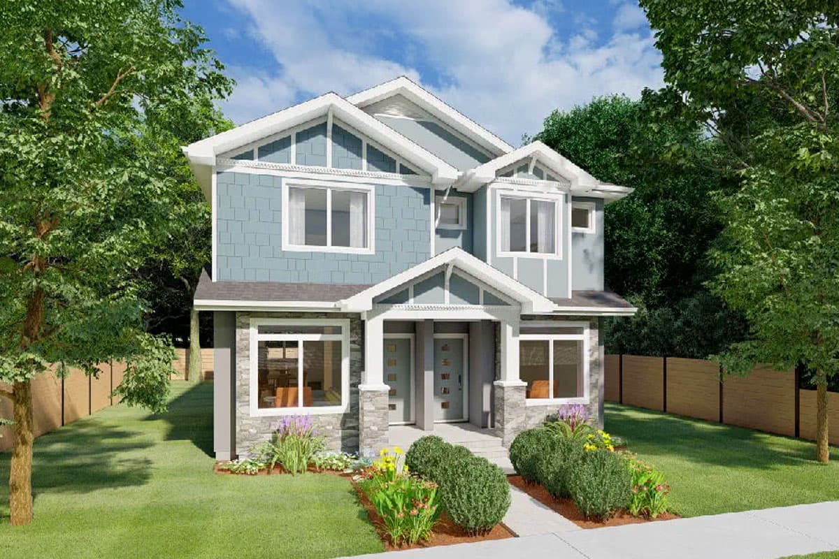 House plan exterior: Modern style two-story duplex with stacked gables, stone base, and covered entryways.