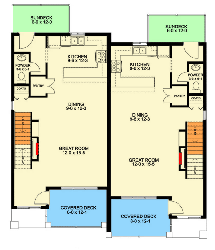 Plan 67837MG: New American Duplex House Plan with Matching 3-Bed Units - 1938 Sq Ft Per Unit - Floor Plan - Main Level - Craftsman, New American