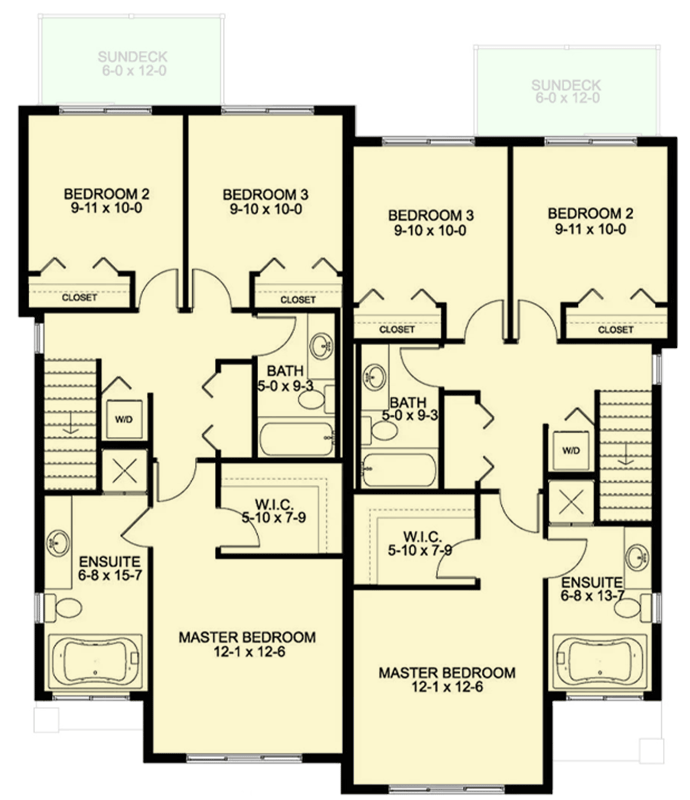 Plan 67837MG: New American Duplex House Plan with Matching 3-Bed Units - 1938 Sq Ft Per Unit - Floor Plan - 2nd Floor - Craftsman, New American