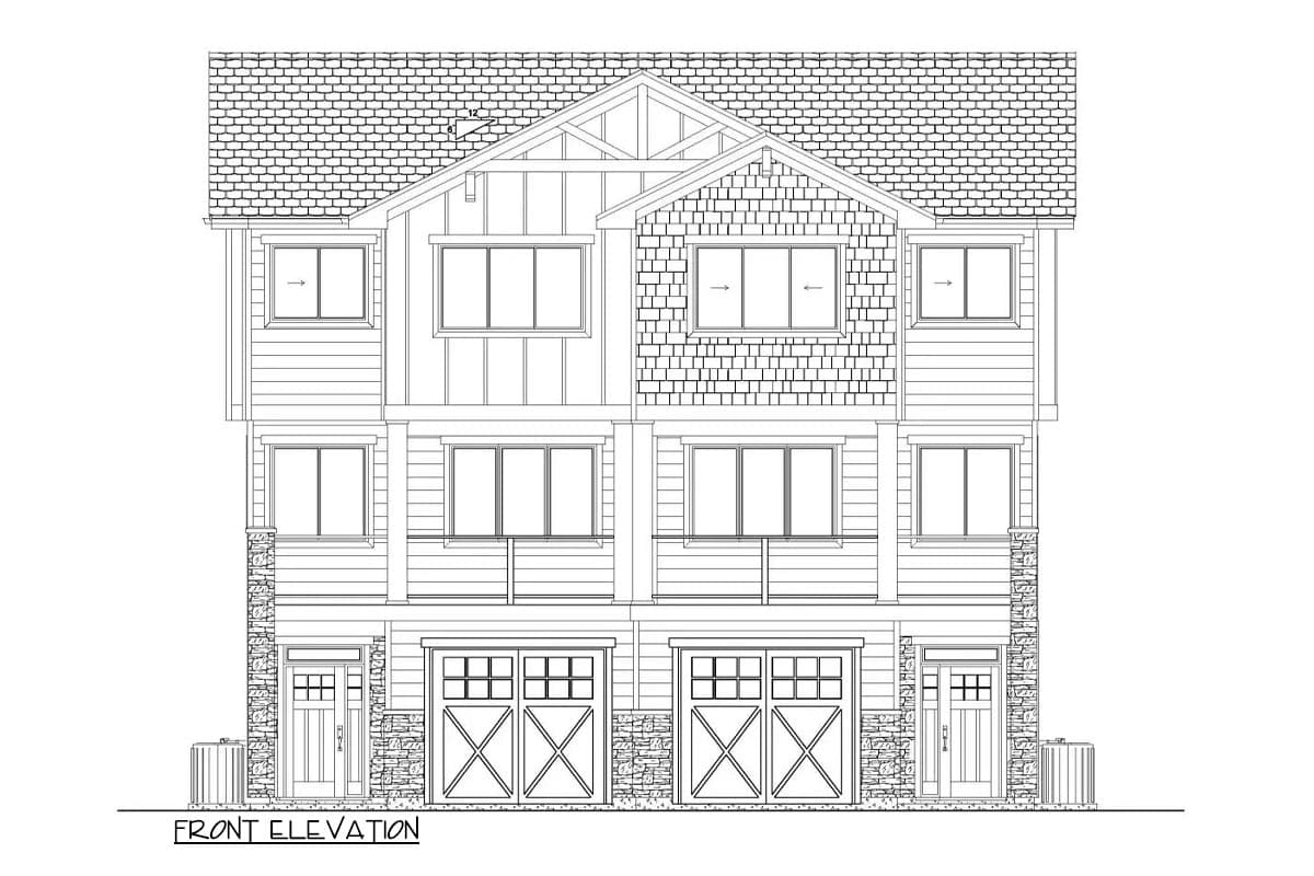 Front elevation drawing of a three-story house plan with gabled roofs, varied siding, two garage doors, and stone accents.