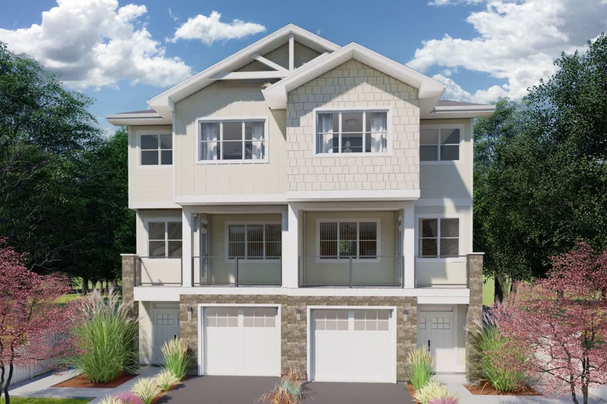 House plan exterior. Two-story, light-colored townhouse with gable roof, covered balcony, and two-car garage with stone veneer.