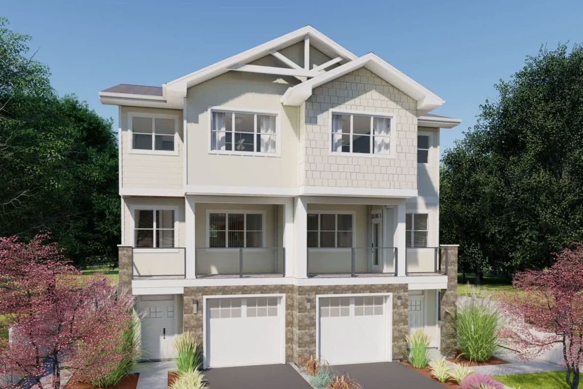 Three-story modern townhouse plan with stone base, balconies, and decorative gable trusses.