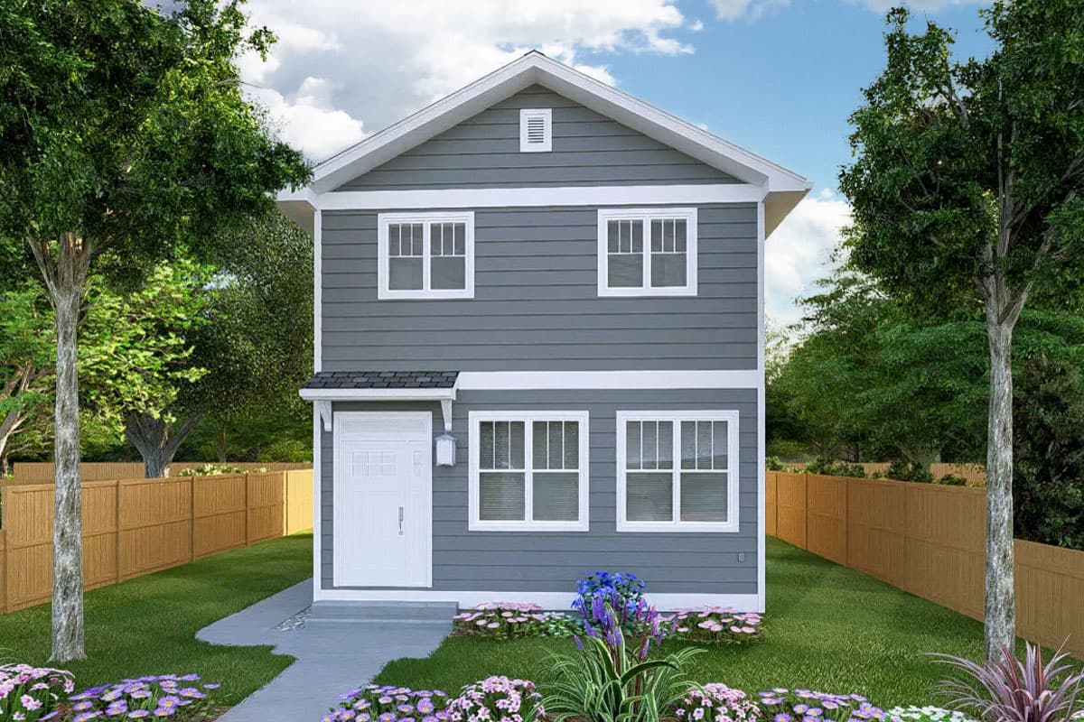 House plan exterior. Two-story house with gabled roof, horizontal siding, and multiple double-hung windows. A small front porch covers the entry door.