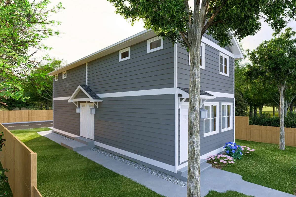 House plan exterior: two-story modern home with horizontal siding, gable dormer over front door, and multiple windows.