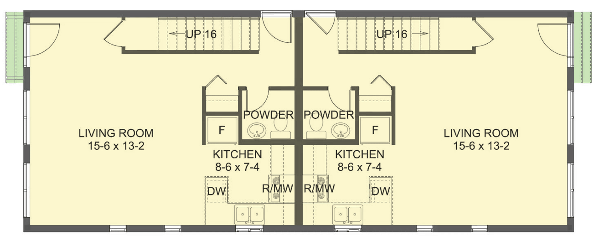 Plan 67838MG: Traditional Duplex House Plan for Narrow Lot 1000 Sq Ft Per Unit - Floor Plan - Main Level - Traditional