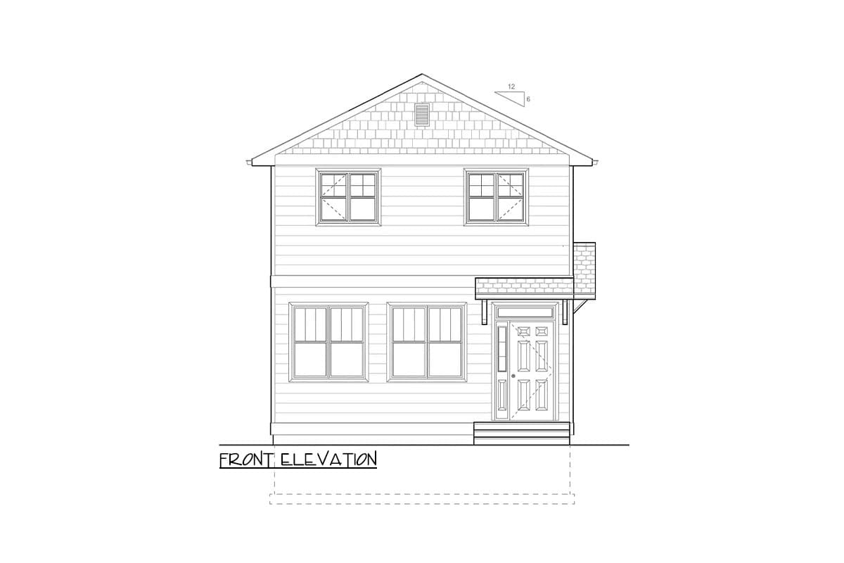 Front elevation house plan: two-story, gable roof with shingles, front porch with brick accents, double-entry door.