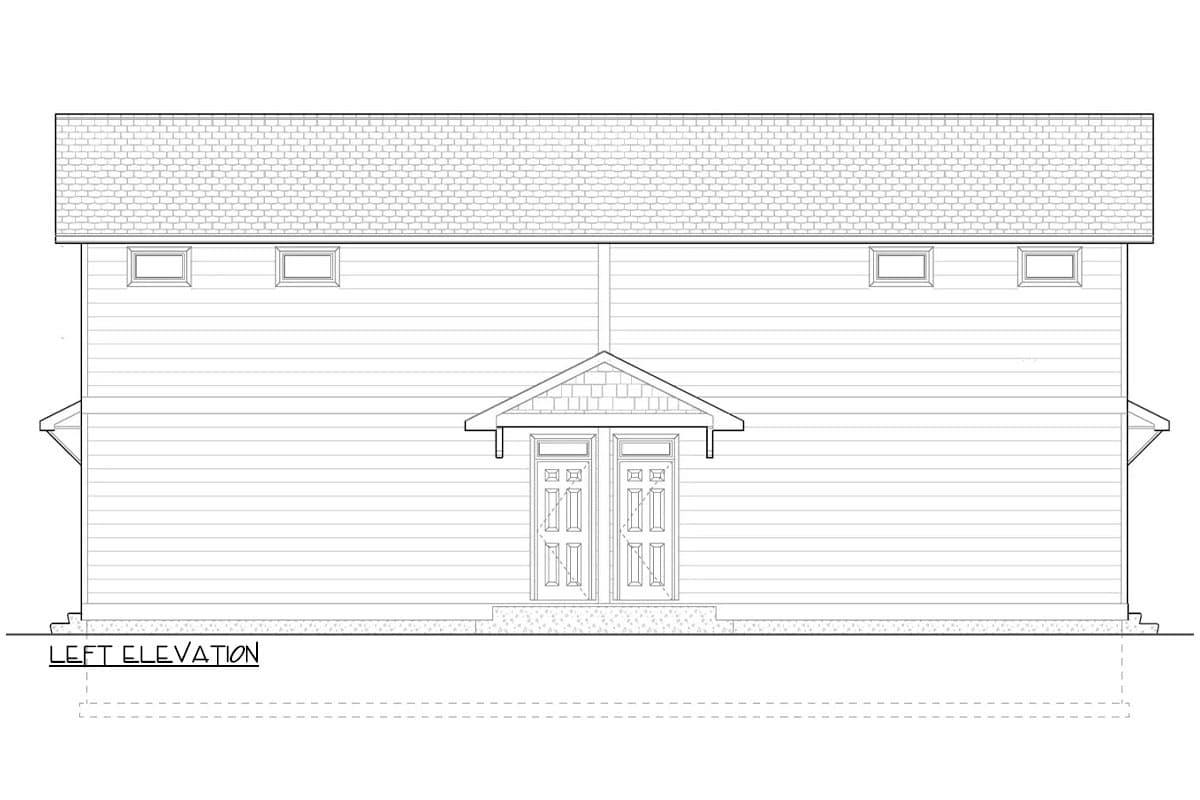 Left elevation house plan: Two-story design with double entry doors, gabled portico, dormer windows, and horizontal siding.