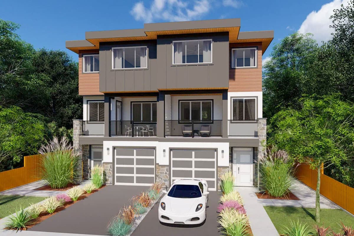 House plan exterior view, Modern style, two-story structure, with flat roof, balconies, and attached garages. Features wood and stone accents.
