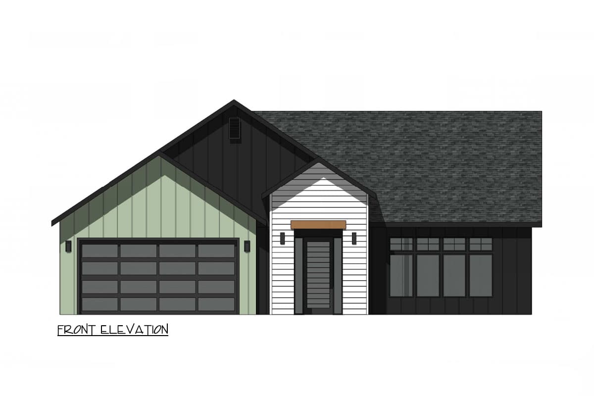 Front elevation of a one-story house plan featuring a gabled roof, attached garage with horizontal panels, and a central entrance with a wood accent.