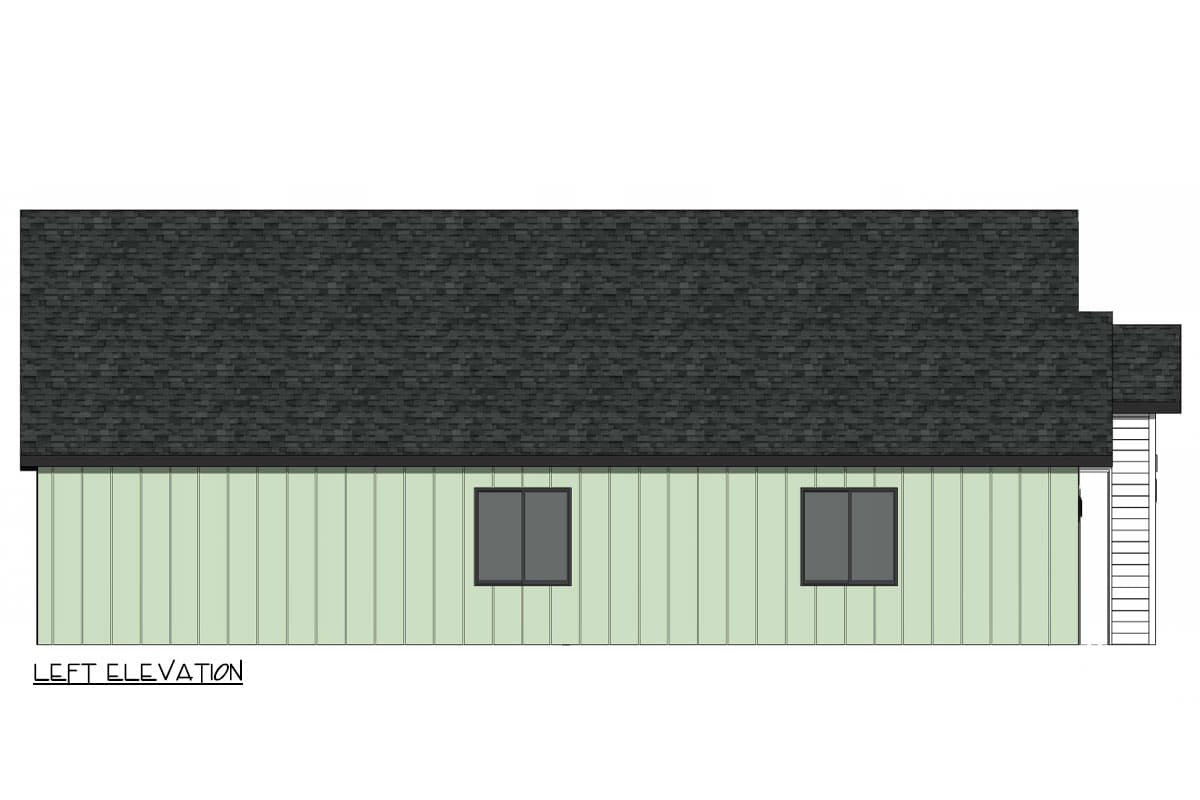 Left elevation house plan with vertical siding, pitched roof, two windows, and exterior stairs.