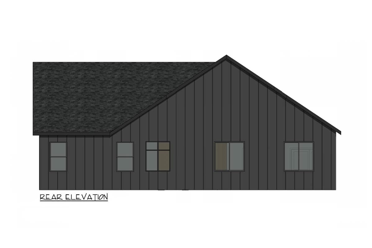 Rear elevation drawing of a house with vertical siding, a gabled roof, and multiple windows.