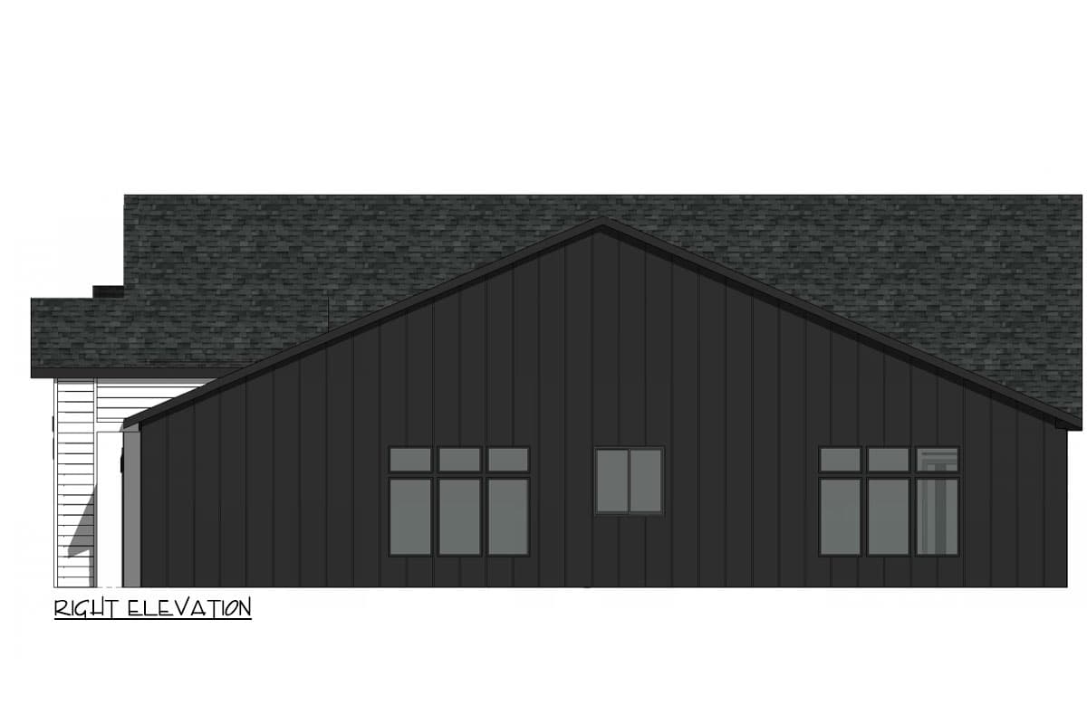 Right elevation drawing showing a modern house plan with vertical siding, gabled roof, and multiple windows.
