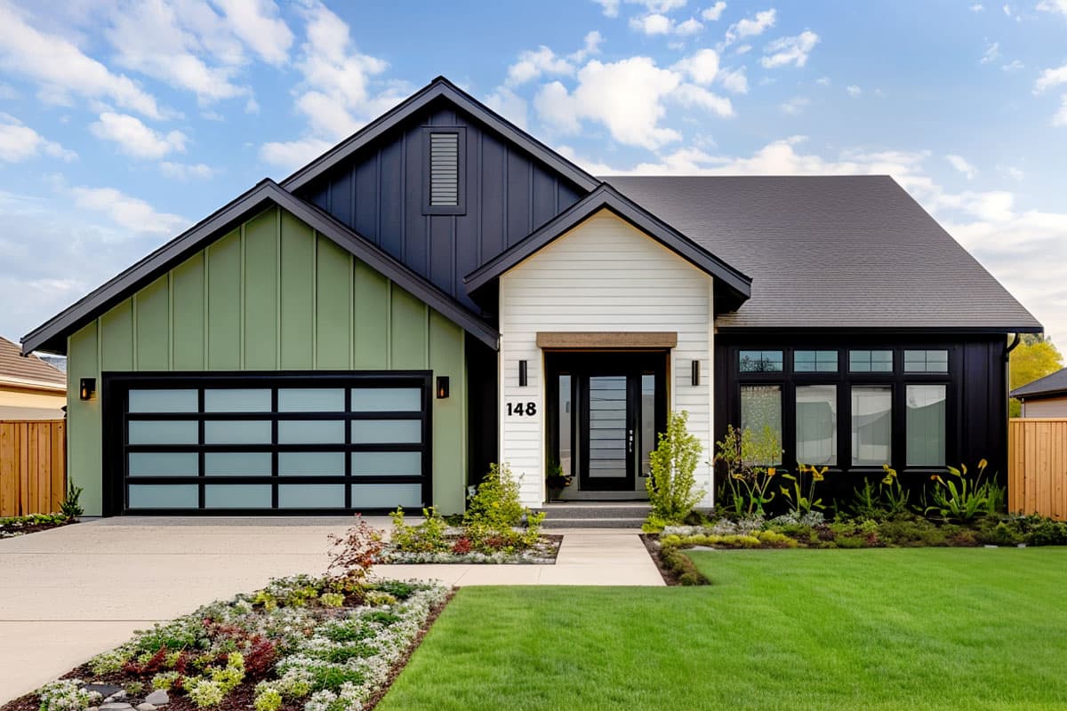 House plan exterior. Modern farmhouse style with a single story, board-and-batten siding, a gable roof, and an attached garage with glass panels.