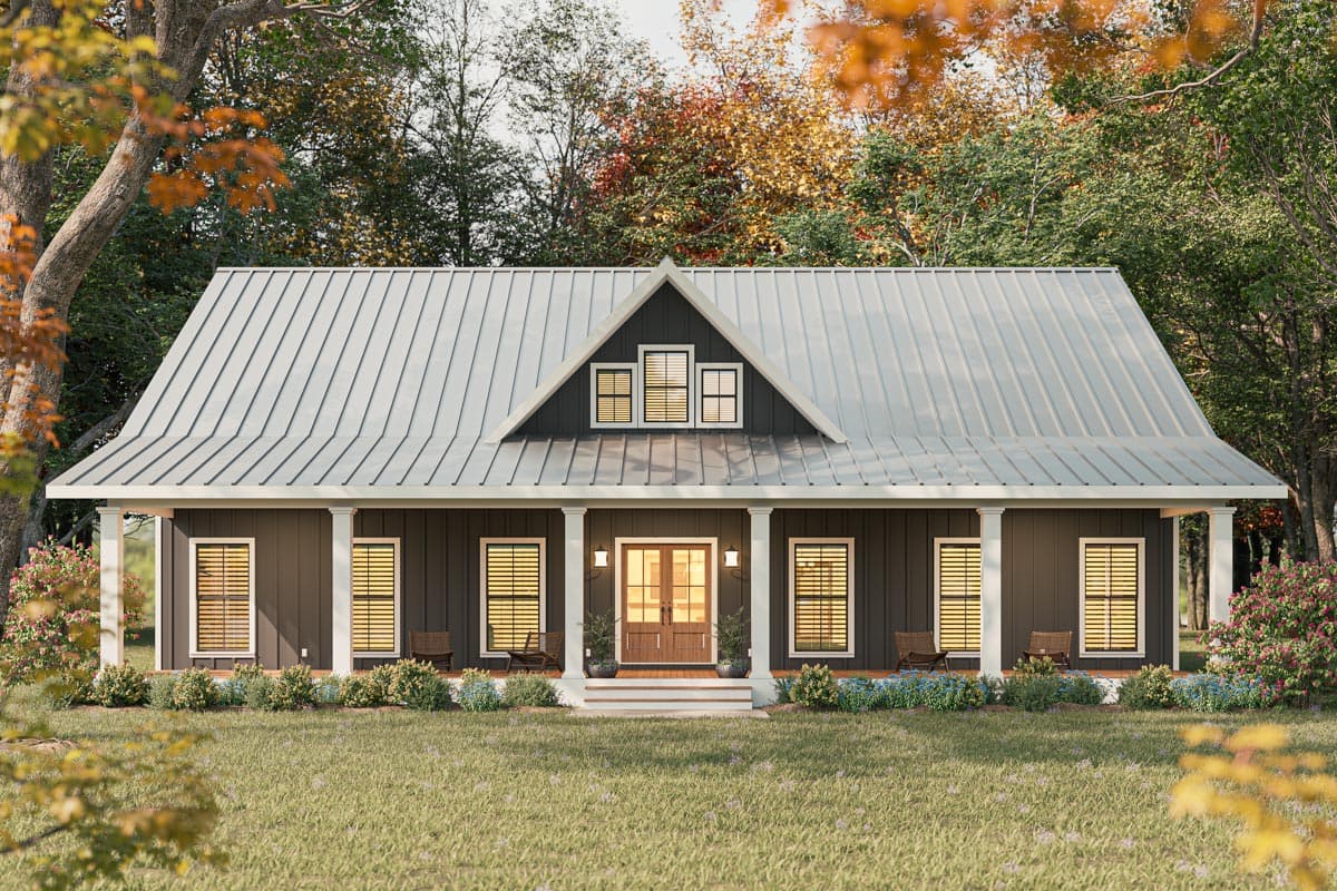 House plan exterior featuring a Modern Farmhouse style with a metal roof. Includes a front porch, gables, and shuttered windows.
