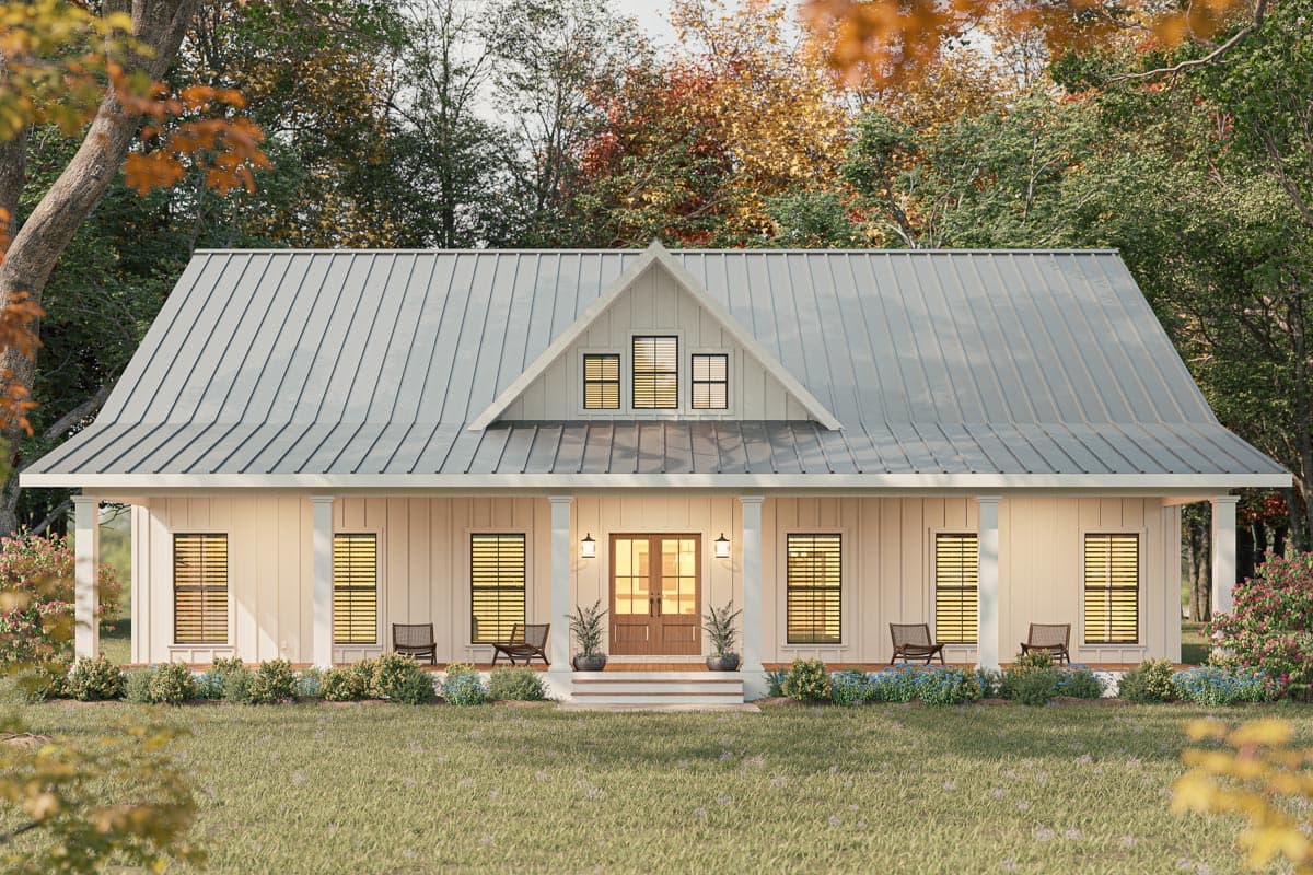 Modern Farmhouse house plan exterior with metal gable roof, wide front porch with columns, and dormer windows.