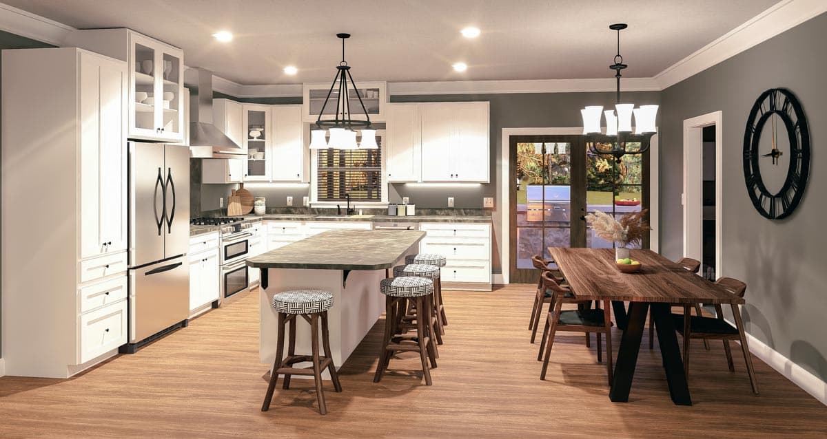 Kitchen and dining area rendering with white cabinets, large island with seating, stainless steel appliances, and wooden dining table.