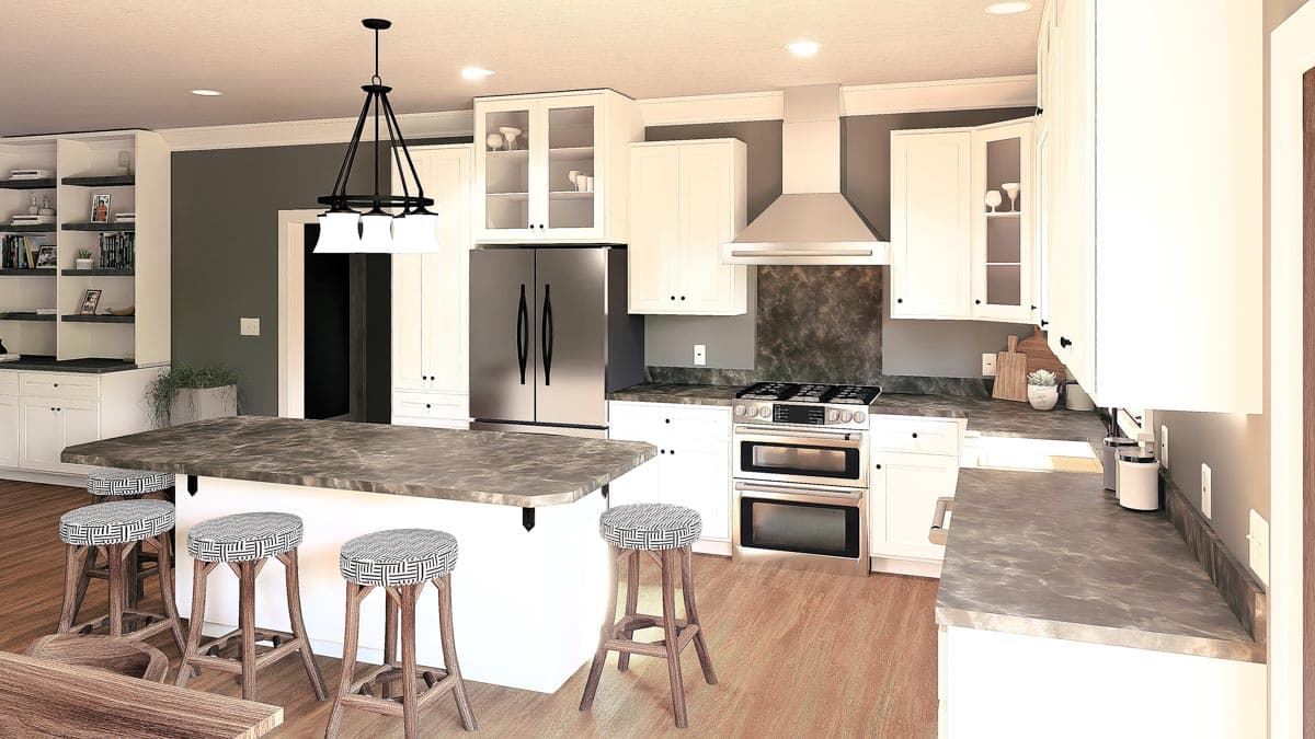 Kitchen rendering with island, stainless steel appliances, white cabinetry, and built-in shelving.